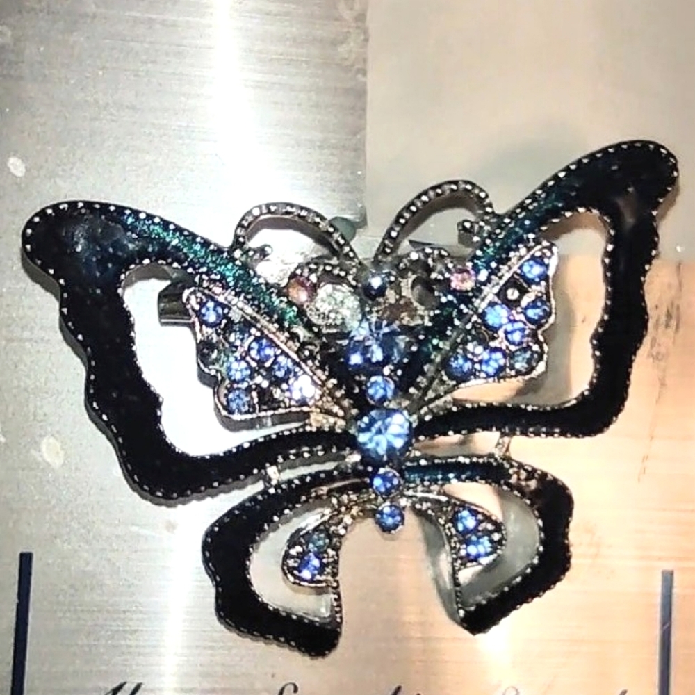 Restored Blue Crystal Butterfly Enamel Brooch